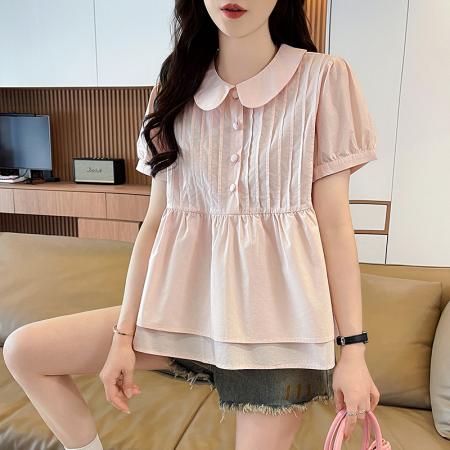 BY19309# 白桃乌龙粉色少女感泡泡袖遮肉衬衣娃娃领褶皱衬衫夏 服裝批發女裝批發服飾貨源