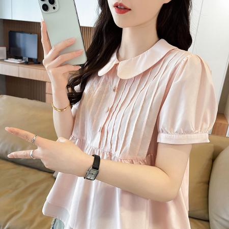 BY19309# 白桃乌龙粉色少女感泡泡袖遮肉衬衣娃娃领褶皱衬衫夏 服裝批發女裝批發服飾貨源