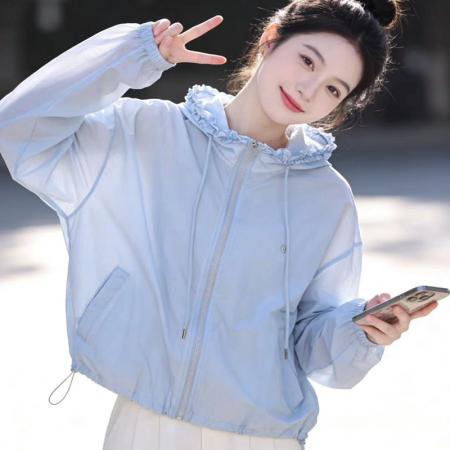 BY19312# 韩版宽松连帽薄款透气防紫外线开衫外套防晒服空调服 服裝批發女裝批發服飾貨源