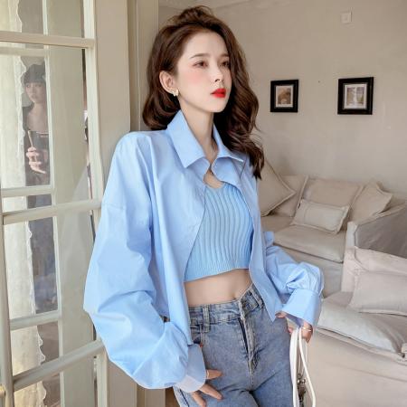 BY19314# 吊带纯棉衬衫两件套装女春夏气质针织外套防嗮衫短款上衣 服裝批發女裝批發服飾貨源