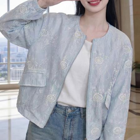 BY19317# 圆领刺绣提花短款防晒外套女夏季宽松透气拉链开衫上衣 服裝批發女裝批發服飾貨源