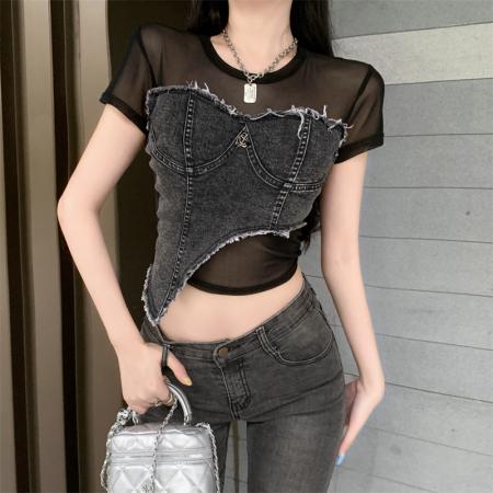 BY19319# 夏季新款美式辣妹牛仔拼接不规则T恤女修身设计感短袖上衣 服裝批發女裝批發服飾貨源
