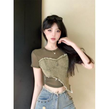 BY19319# 夏季新款美式辣妹牛仔拼接不规则T恤女修身设计感短袖上衣 服裝批發女裝批發服飾貨源