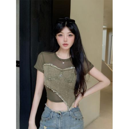 BY19319# 夏季新款美式辣妹牛仔拼接不规则T恤女修身设计感短袖上衣 服裝批發女裝批發服飾貨源