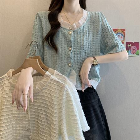 BY19321# 新款拼接木耳边小香风不规则单排扣上衣衬衫 服裝批發女裝批發服飾貨源