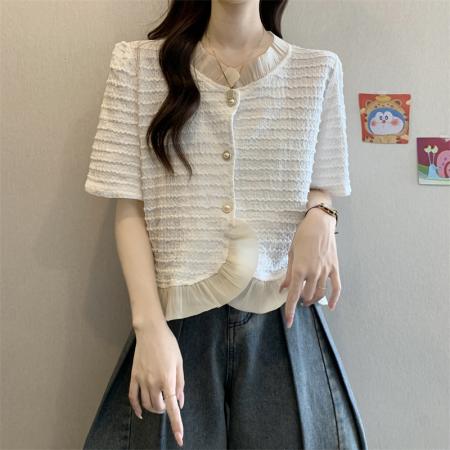 BY19321# 新款拼接木耳边小香风不规则单排扣上衣衬衫 服裝批發女裝批發服飾貨源