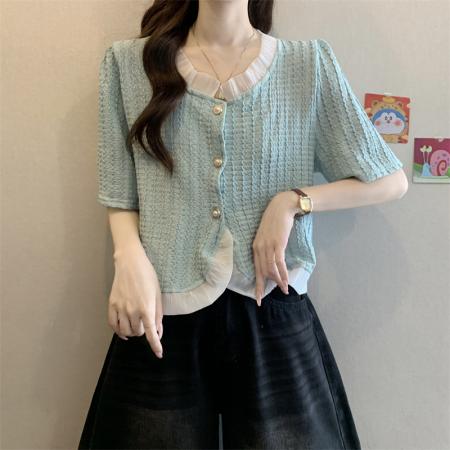 BY19321# 新款拼接木耳边小香风不规则单排扣上衣衬衫 服裝批發女裝批發服飾貨源