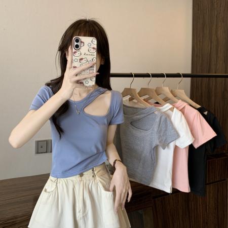 BY19322# 新款设计感镂空先锁骨修身显瘦显高短款短袖上衣 服裝批發女裝批發服飾貨源