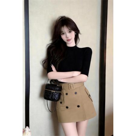BY19334# 辣妹黑色修身T恤复古工装包臀裙两件套 服裝批發女裝批發服飾貨源