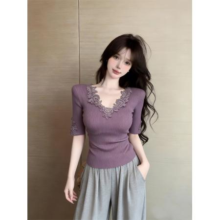 BY19340# 纯欲设计感V领蕾丝绣花薄款短袖针织衫 服裝批發女裝批發服飾貨源