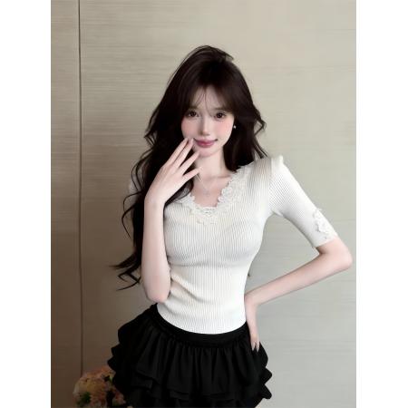 BY19340# 纯欲设计感V领蕾丝绣花薄款短袖针织衫 服裝批發女裝批發服飾貨源