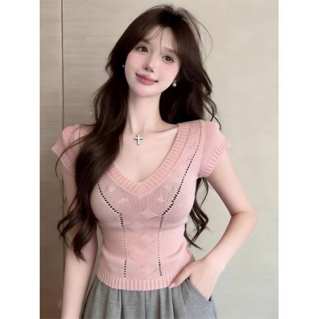 BY19341# 小心机V领短袖显瘦针织衫 服裝批發女裝批發服飾貨源