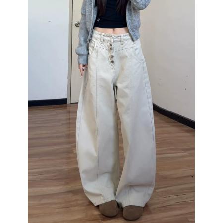 BY19346# 设计感单排扣弯刀阔腿牛仔裤女夏季新款高腰显瘦垂感拖地裤 服裝批發女裝批發服飾貨源