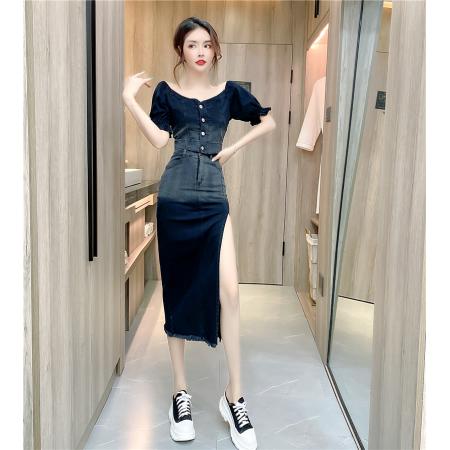 BY19350# 夏季时尚网红女装泡泡袖牛仔上衣开叉包臀长裙套装 服裝批發女裝批發服飾貨源