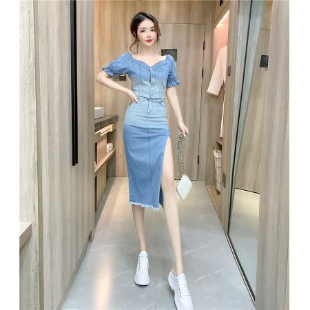 BY19350# 夏季时尚网红女装泡泡袖牛仔上衣开叉包臀长裙套装 服裝批發女裝批發服飾貨源