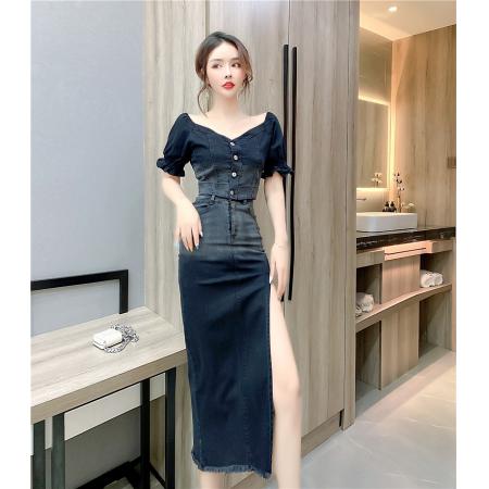 BY19350# 夏季时尚网红女装泡泡袖牛仔上衣开叉包臀长裙套装 服裝批發女裝批發服飾貨源