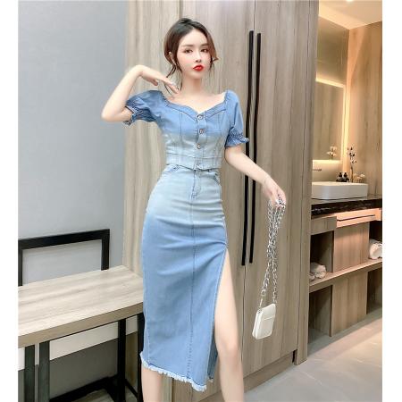 BY19350# 夏季时尚网红女装泡泡袖牛仔上衣开叉包臀长裙套装 服裝批發女裝批發服飾貨源