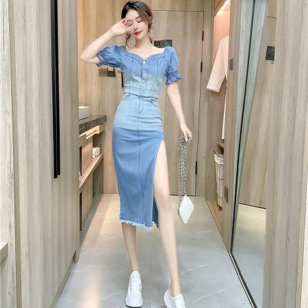 BY19350# 夏季时尚网红女装泡泡袖牛仔上衣开叉包臀长裙套装 服裝批發女裝批發服飾貨源