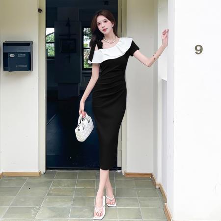 BY19351# 视频夏季新款时尚气质撞色长裙显瘦修身连衣裙 服裝批發女裝批發服飾貨源