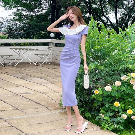 BY19351# 视频夏季新款时尚气质撞色长裙显瘦修身连衣裙 服裝批發女裝批發服飾貨源