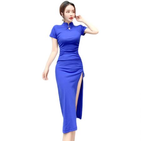 BY19354# 夏季时尚气质针织改良旗袍长裙紧身包臀开叉连衣裙 服裝批發女裝批發服飾貨源