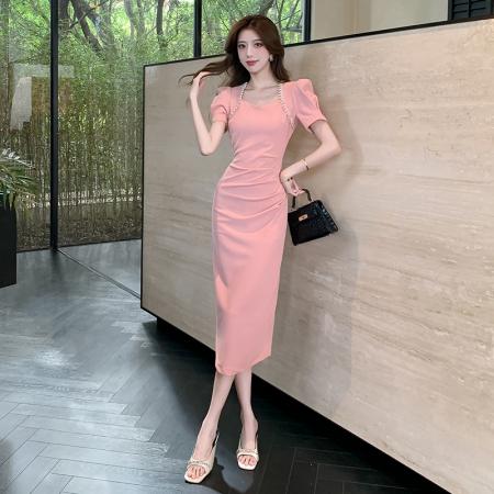 BY19357# 视频夏女方领短袖重工艺设计名媛气质收腰显瘦包臀连衣裙 服裝批發女裝批發服飾貨源