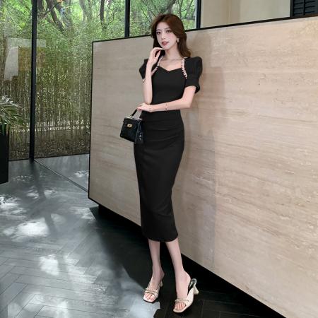 BY19357# 视频夏女方领短袖重工艺设计名媛气质收腰显瘦包臀连衣裙 服裝批發女裝批發服飾貨源