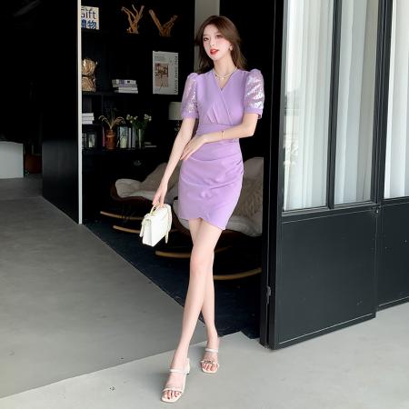 BY19358# 视频夏季新款v领拼接时尚显瘦短裙连衣裙 服裝批發女裝批發服飾貨源