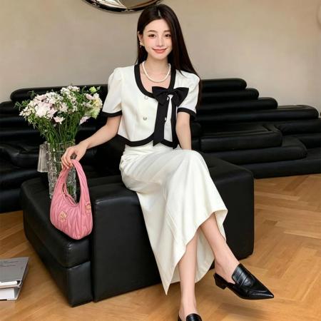 BY19362# 夏季新款法式小香风黑白撞色蝴蝶结套装高智感简约高级两件套 服裝批發女裝批發服飾貨源