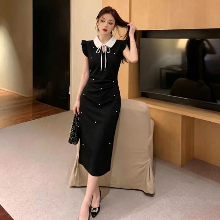 BY19365# 法式娃娃领蝴蝶结绑带设计感撞色拼接短袖连衣裙夏季新款女 服裝批發女裝批發服飾貨源