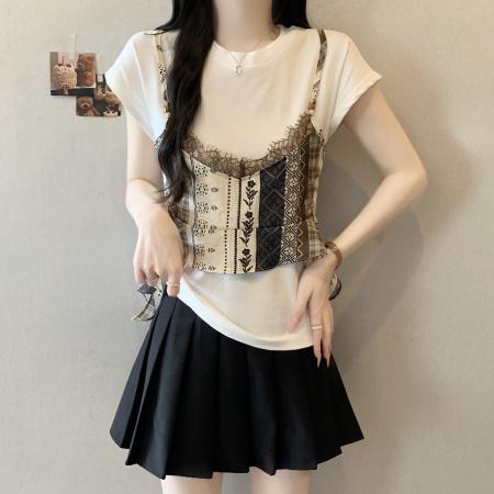 BY19366# 大码女装时尚复古碎花蕾丝拼接假两件短袖T恤宽松圆领上衣 服裝批發女裝批發服飾貨源