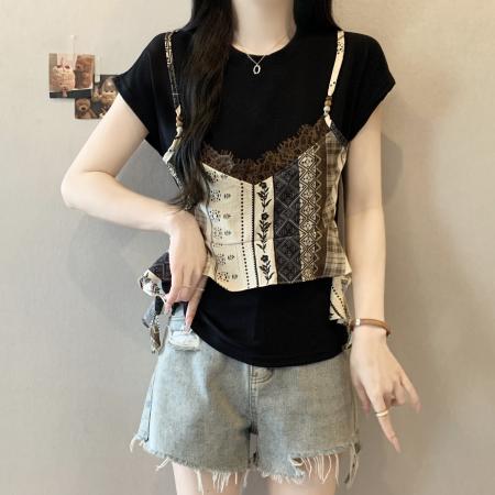 BY19366# 大码女装时尚复古碎花蕾丝拼接假两件短袖T恤宽松圆领上衣 服裝批發女裝批發服飾貨源