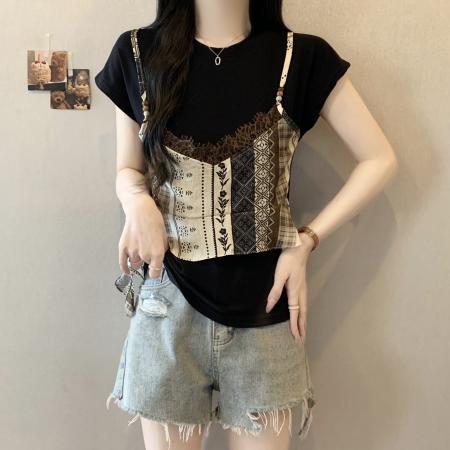BY19366# 大码女装时尚复古碎花蕾丝拼接假两件短袖T恤宽松圆领上衣 服裝批發女裝批發服飾貨源