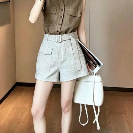 BY19371# 通勤风高腰a字亚麻工装短裤女夏季宽松显瘦棉麻百搭裤阔腿休闲裤 服裝批發女裝批發服飾貨源