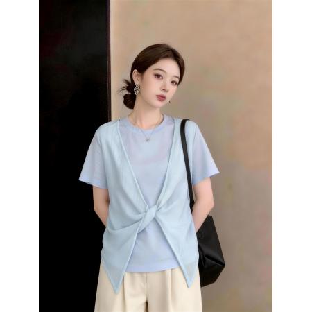 BY19374# 大码女装夏新款宽松减龄显瘦扭结假两件遮肚遮肉百搭短袖T恤 服裝批發女裝批發服飾貨源