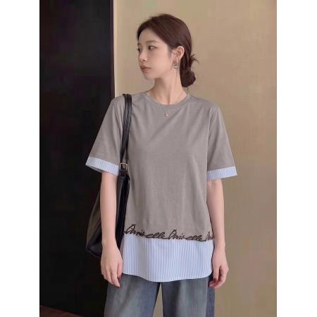 BY19376# 大码独特气质拼接条纹百搭短袖t恤夏季穿搭新款设计感上衣 服裝批發女裝批發服飾貨源