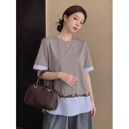 BY19376# 大码独特气质拼接条纹百搭短袖t恤夏季穿搭新款设计感上衣 服裝批發女裝批發服飾貨源
