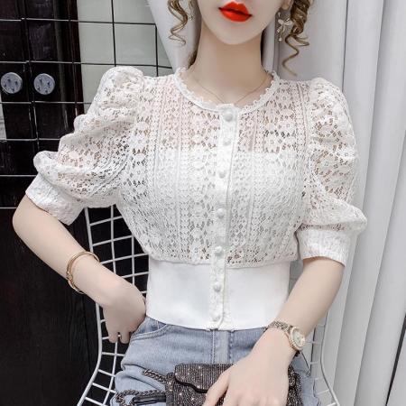 BY19378# 夏季新款小众设计感白衬衫镂空港味法式显瘦开衫蕾丝短袖仙女上衣 服裝批發女裝批發服飾貨源