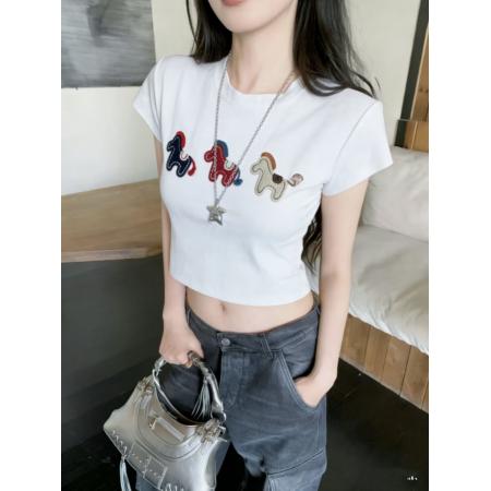 BY19380# 欧货刺绣小马图案短袖T新款打底修身上衣 服裝批發女裝批發服飾貨源