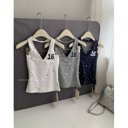 BY19381# 辣妹风星星印花挂脖吊带背心修身显瘦V领无袖外穿上衣 服裝批發女裝批發服飾貨源