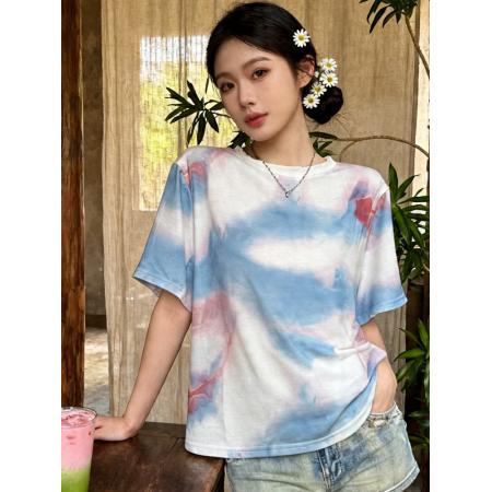 BY19382# 纯欲极简风晕染圆领短袖T恤女夏季新款高级感休闲别致ins上衣 服裝批發女裝批發服飾貨源