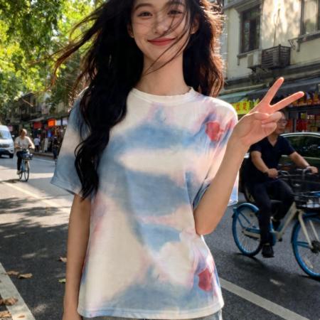 BY19382# 纯欲极简风晕染圆领短袖T恤女夏季新款高级感休闲别致ins上衣 服裝批發女裝批發服飾貨源