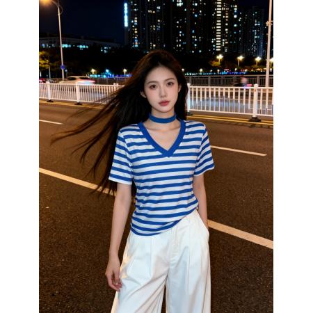 BY19383# 韩系高级感条纹V领短袖T恤女夏季新款设计感时尚宽松显瘦上衣 服裝批發女裝批發服飾貨源