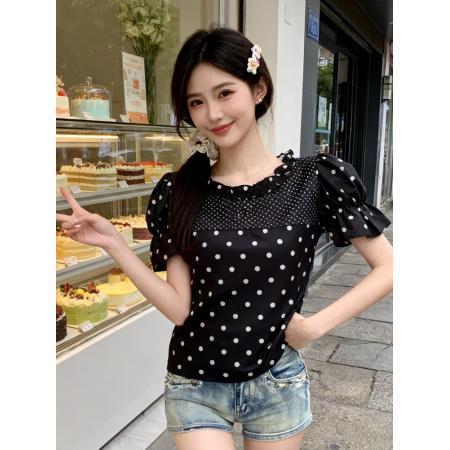 BY19384# 纯欲设计感波点圆领短袖T恤女夏季新款超好看绝美显瘦上衣 服裝批發女裝批發服飾貨源