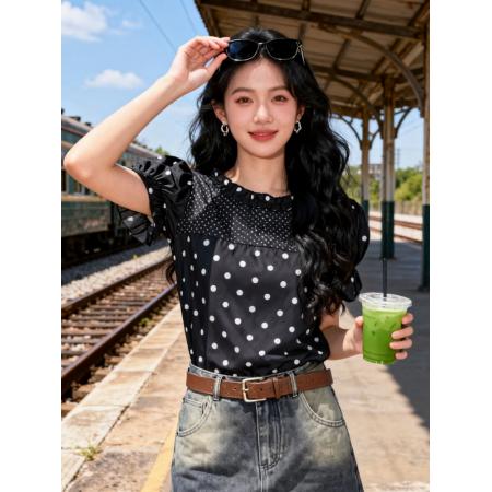 BY19384# 纯欲设计感波点圆领短袖T恤女夏季新款超好看绝美显瘦上衣 服裝批發女裝批發服飾貨源