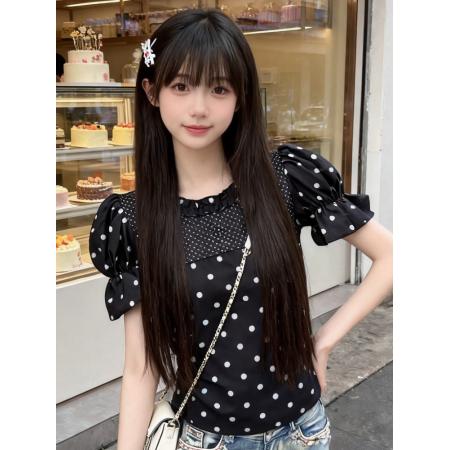 BY19384# 纯欲设计感波点圆领短袖T恤女夏季新款超好看绝美显瘦上衣 服裝批發女裝批發服飾貨源