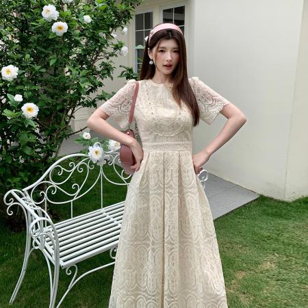 BY19387# 品质米白色重工蕾丝钩花连衣裙超好看减龄气质中长裙 服裝批發女裝批發服飾貨源