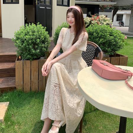 BY19387# 品质米白色重工蕾丝钩花连衣裙超好看减龄气质中长裙 服裝批發女裝批發服飾貨源