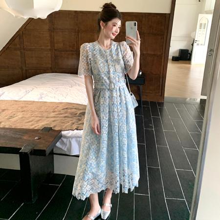 BY19388# 品质巨好看的连衣裙女长款花朵蕾丝收腰大摆裙 服裝批發女裝批發服飾貨源
