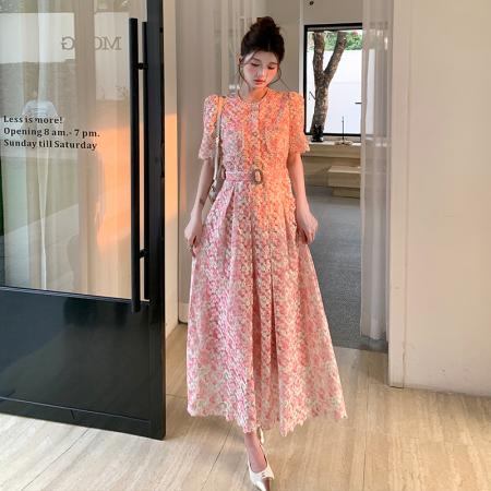 BY19388# 品质巨好看的连衣裙女长款花朵蕾丝收腰大摆裙 服裝批發女裝批發服飾貨源
